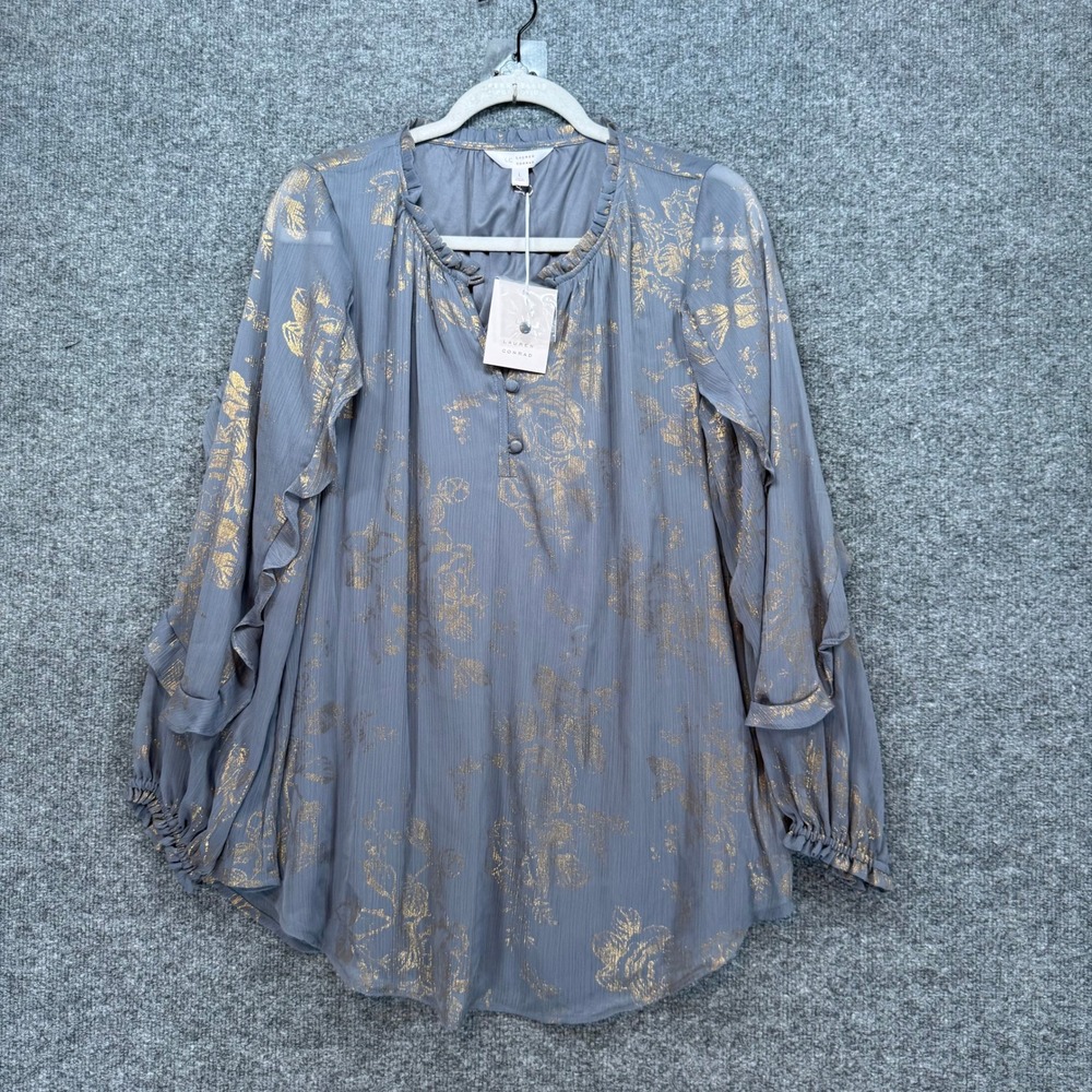 LC Lauren Conrad Tunic Blouse Women Large Gray Gold Ruffle Sleeve Floral NEW‎